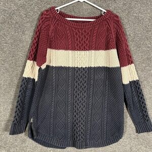 LL Bean Signature Fisherman Sweater Womens Large Colorblock‎ Cable Knit Tunic 3D